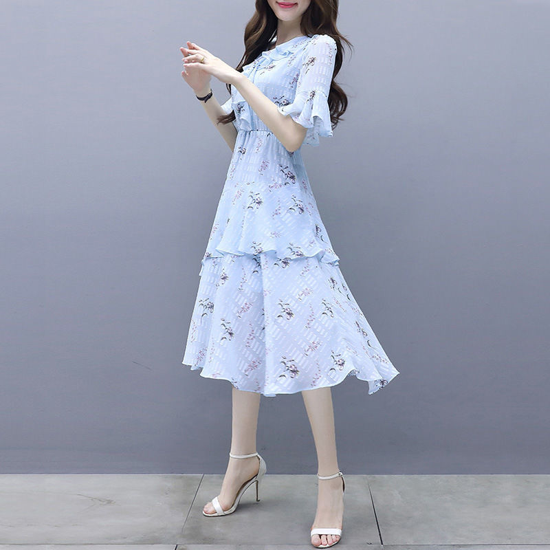 

Women' Spring Summer Style Chiffon Dress Women' Flare Sleeve Sleeve Solid Color Printed Ruffles Casual Dress SS1955, Blue