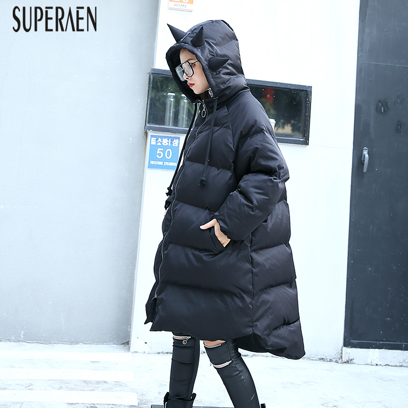 

SuperAen 2019 New Winter Cotton Women's Parkas Coat Wild Casual Fashion Ladies Parkas Coat Loose Pluz Size Hooded Women Clothing, Black