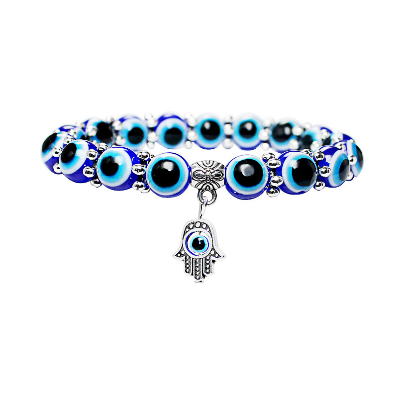 

Hot Sale 8mm 10 mm Acrylic Evil Blue Eye Palm Charms Bracelet for Men Women Beads Blue Eyes Bracelet fashion Jewelry Valentine's Day Gift
