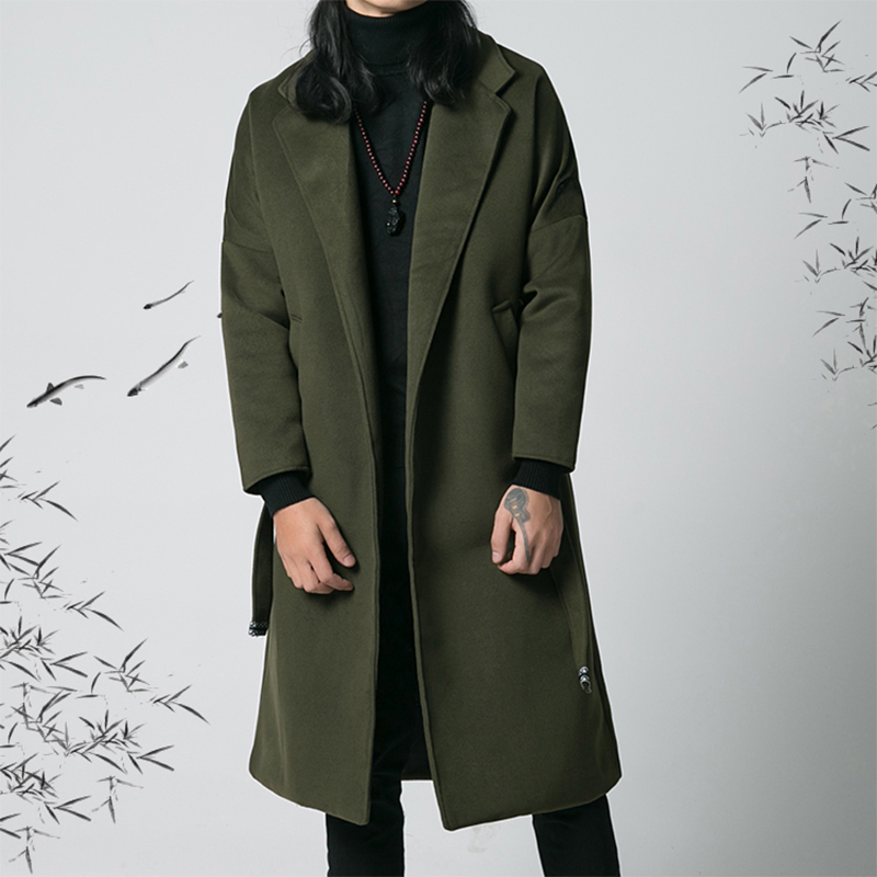 

Chinese style men's clothing 2018 new woolen coat men's long section winter windbreaker retro belt youth long coat, Black