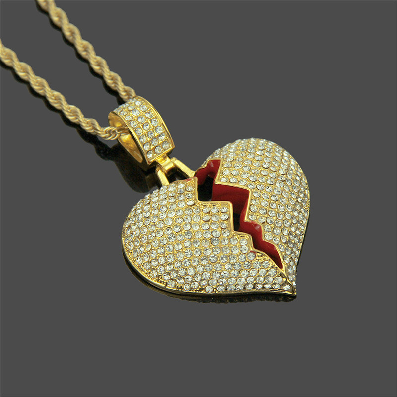 

Iced out Broken Love Heart Pendant Necklaces Men's Bling Crystal rhinestone Love charm Gold Silver Twisted chain For women Hip hop Jewelry