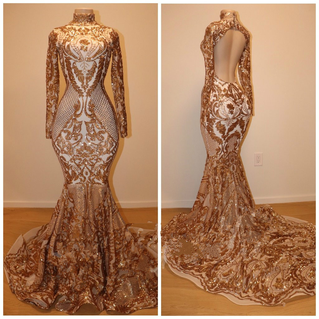 

Gold Mermaid Prom Dresses 2019 Lace Appliqued Sequins Backless Evening Gowns High Neck Long Sleeve Formal Party Dress robes de soirée, Lilac