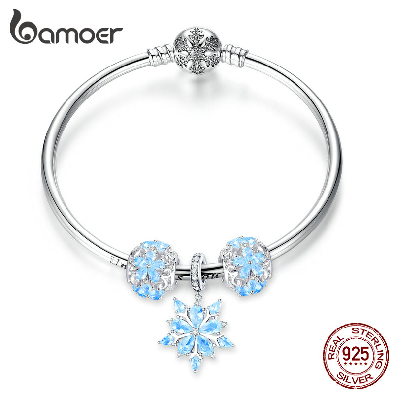 Pulsera de eslabones de cadena de mujer de plata esterlina 925 Joyería Clásico Invierno Copo De Nieve