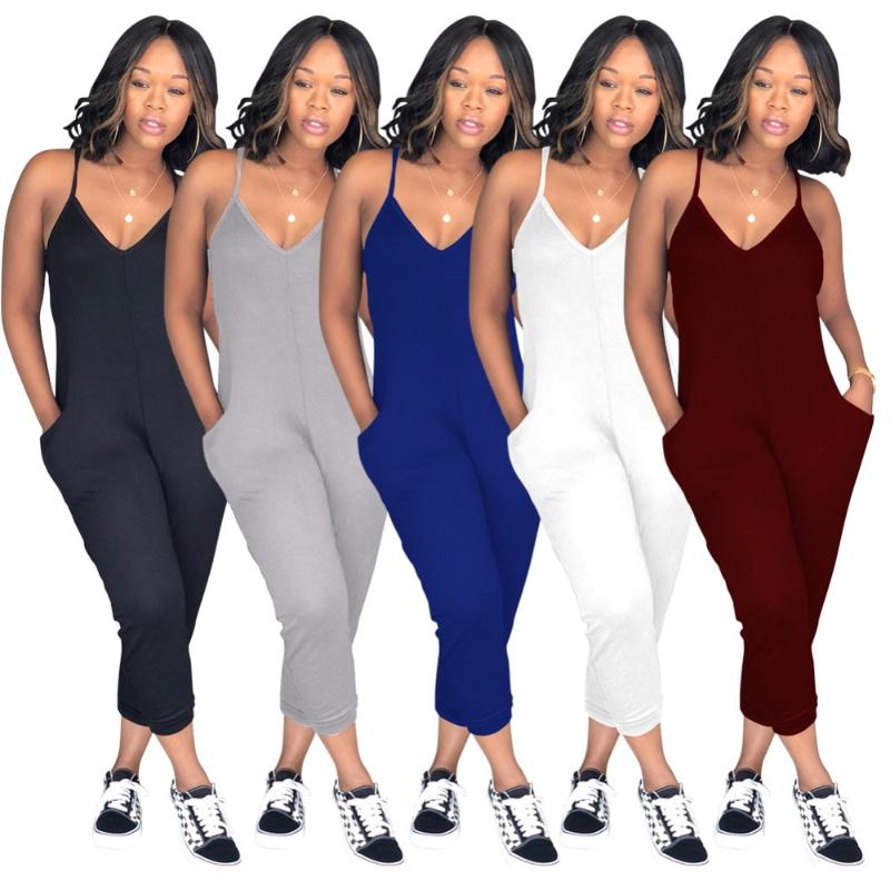 

2020 Summer Plus Size Loose Casual Jumpsuits Womens Rompers Sexy Spaghetti Straps Pockets Playsuits Macacao Feminino, Black