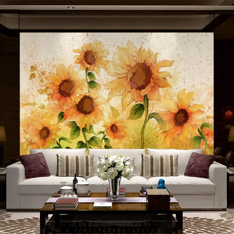 

Vintage Murals Sunflower Wall Background Hand Drawn Watercolor Painting Decorative Painting For Livng Room Bedroom Home Decor, As pic