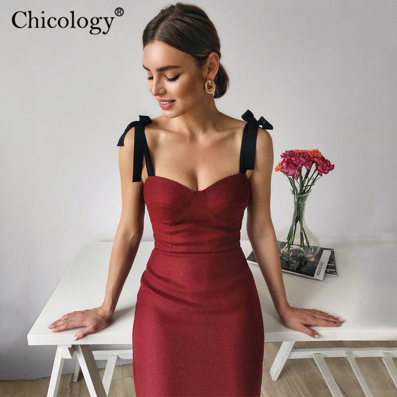 

Chicology satin lace up strap midi dress women 2020 summer elegant party sexy outfit lady bodycon sleeveless clothes club night, Pink