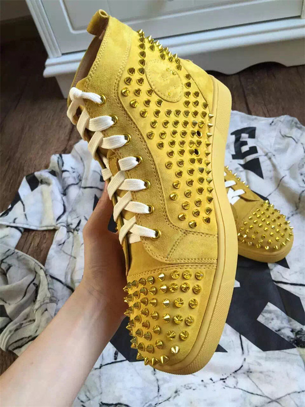 

New Rantus Yellow Suede Red Bottom Men High Top Sneakers, Fashion Junior Orlato PIK PIK Studs Mix Spikes Outdoor Casual Flats Wholesale, Black