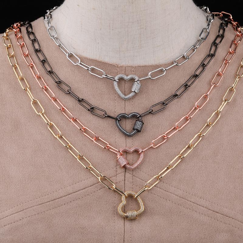 

3Pcs/Lot CZ Mirco Paved Heart-Shape Screw Clasps Pendant Necklace Zirconia Metal Chains Necklace Hip Hop Jewelry Long 18 Inch