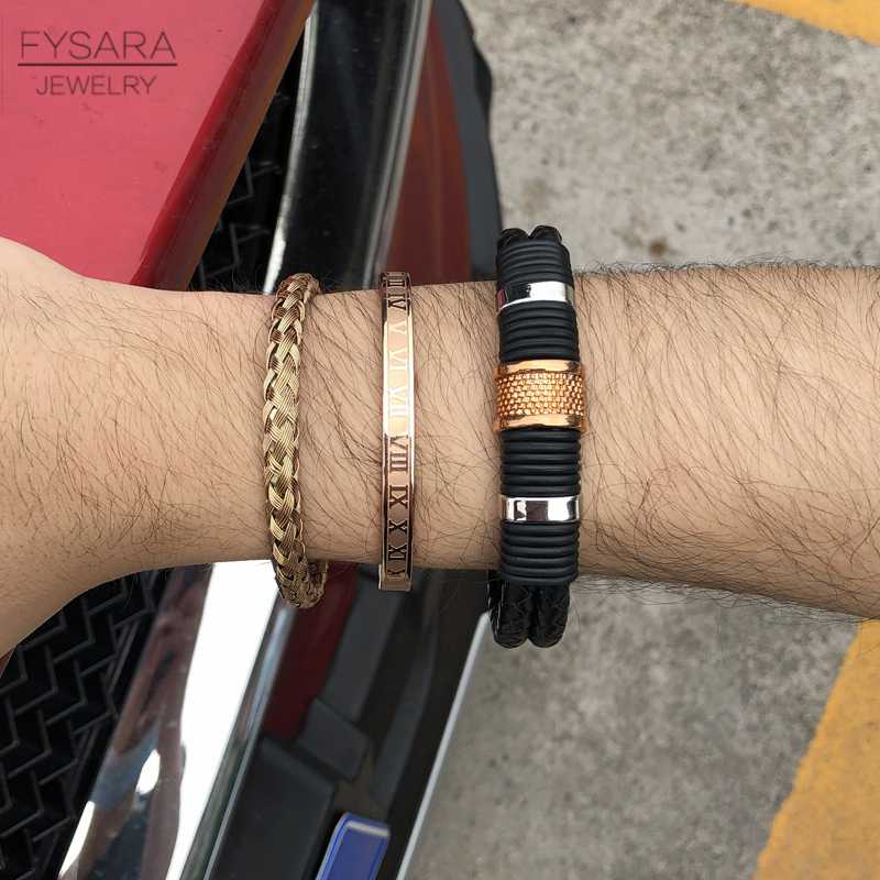 

3pcs/Set Men Black Leather Roman Bangles Set Stainless Steel Wristband Braiding Bangles Cuff Bracelets For Men HipHop Jeweley