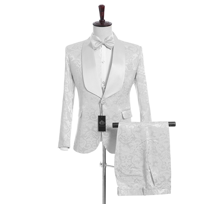 Custom Made Groomsmen Shawl White Lapel Groom Tuxedos White Pattern Men Suits Wedding/Prom Best Man ( Jacket+ Pants+Vest+Tie ) M952