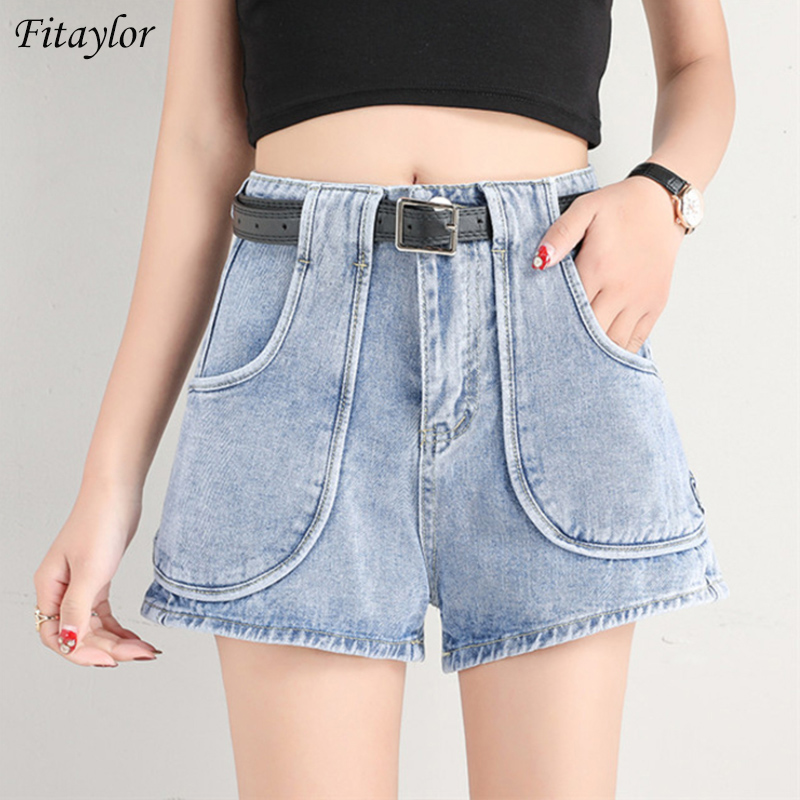 

Fitaylor 2020 New Women High Waist Black Denim Shorts With Belt Casual Female Wide Legs Blue Slim Fit Big Pocket Jeans Shorts