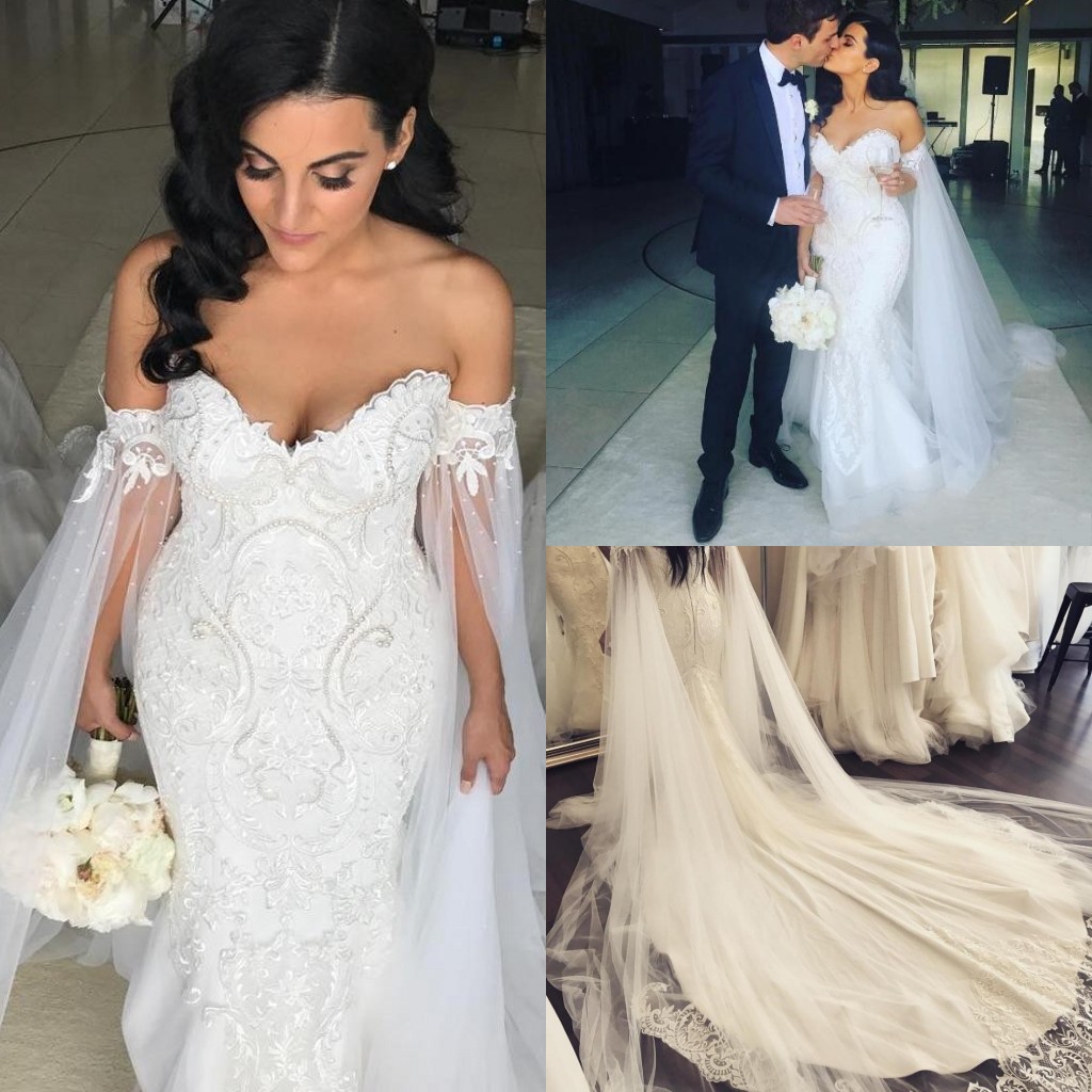 

2020 Pearls Mermaid Wedding Dresses With Shawl Robe de mariee Applique Beading Plus Size Wedding Gowns Court Train Sheath Bridal Dresses, Gold