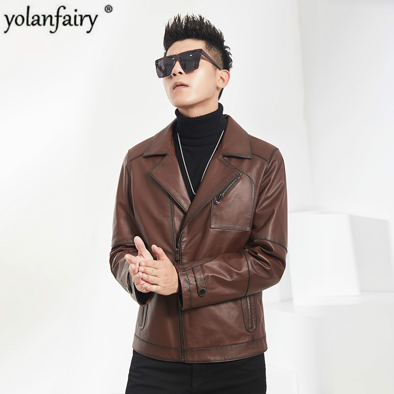 

2020 Real Leather Jacket Men Spring Autumn Cow Jacket Motorcycle Brown Coat Men Casual Chaqueta Cuero Hombre MQ3613 Pph410, Black