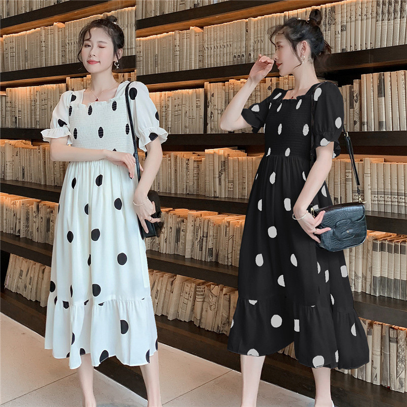 

Pregnant women chiffon dress summer fashion maternity five minutes long dots pregnant women dress lactation, White