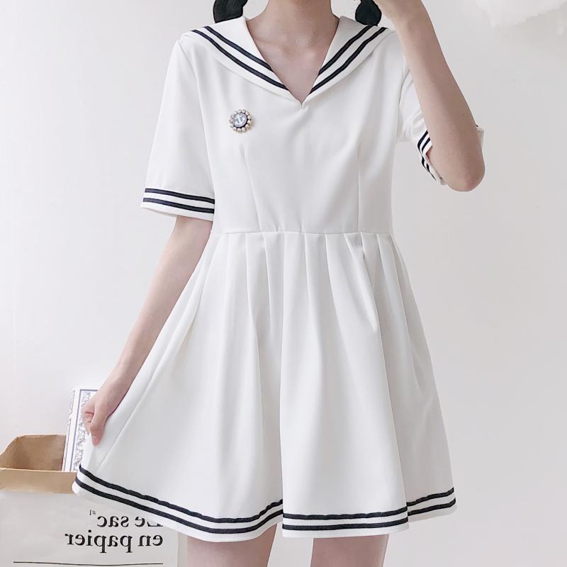 

Japan Kawaii Sweet Dress Embroidered navy sailor Mori Girl Summer Women Short Sleeve Sailor Collar Cotton Dresses Vestidos, Blue