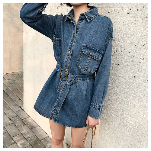 

Blue Jean Jackets Women Slim Long Shirt Design Chaqueta Waist Belt Medium Length Coat, Sky blue