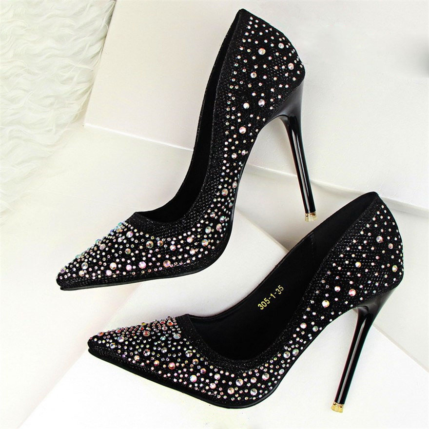 

Fashion New Women Pumps Classic Sequined Shallow Women High Heels Sexy Pointed 10cm Wedding shoes party Women Shoes, Black