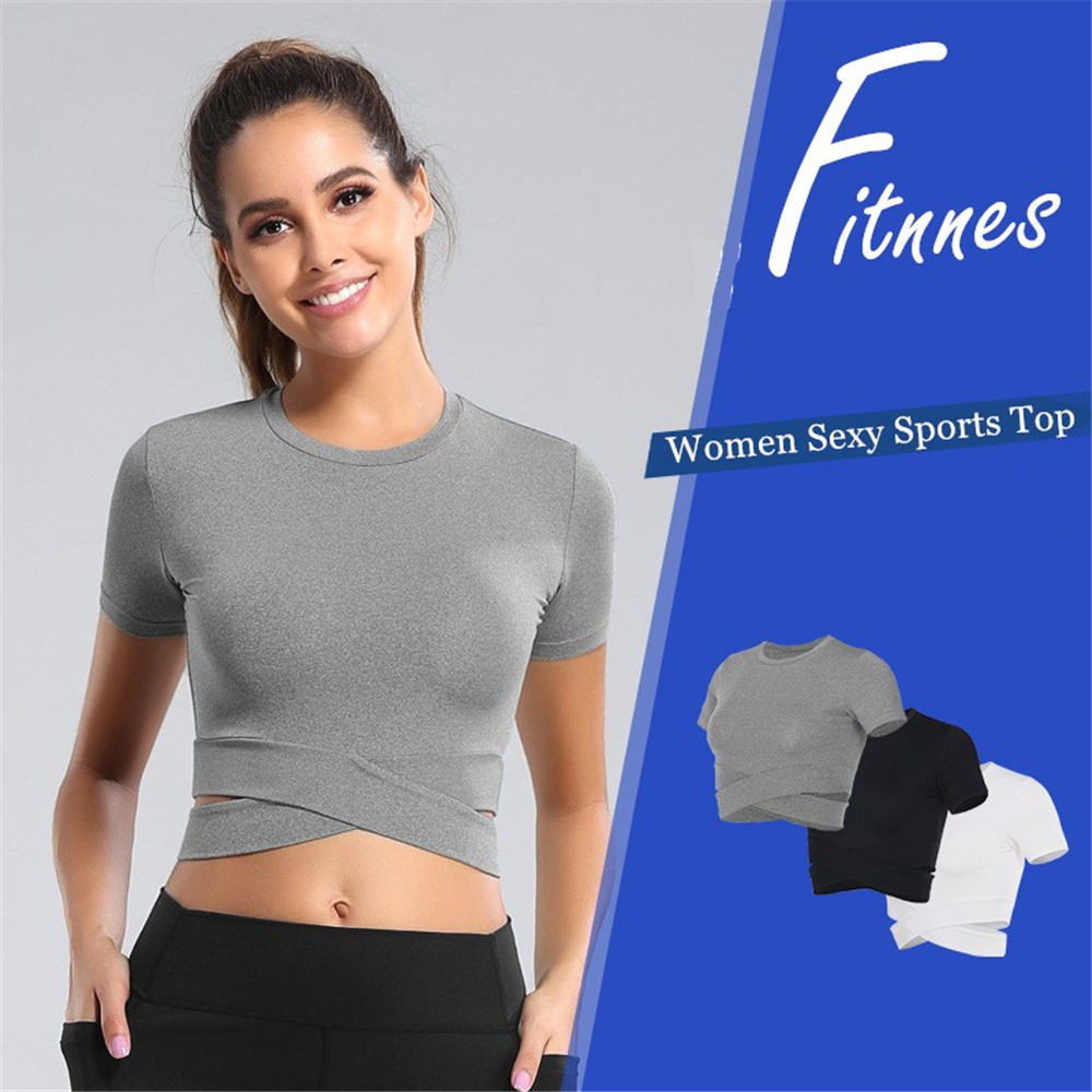 

Sexy Breathable Yoga Top Seamless Yoga Shirt Short Sleeve Crop Top Black Grey Summer Women Sport Shirt Gym Women Top Gym T-shirt