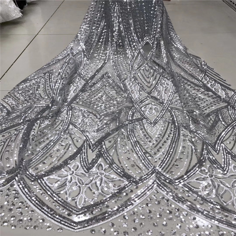 

Latest Style High Quality African Sequin Lace Fabric With Sequins Nigerian Tulle Lace Fabrics For Evening Party