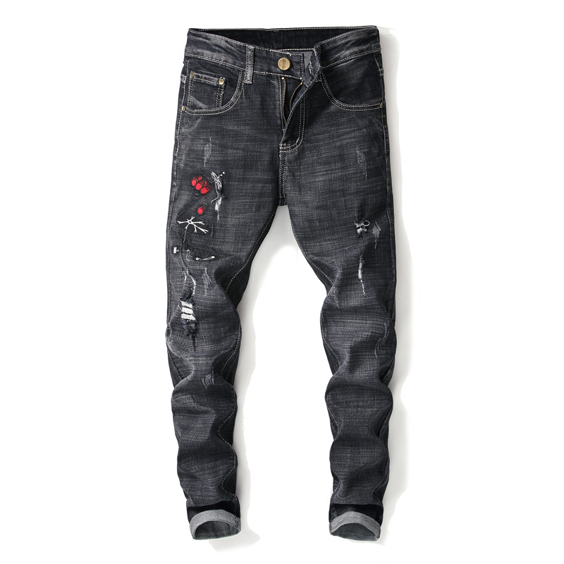 

Designer Slim Fit Ripped Black Jeans Men Hi-Street Mens Distressed Denim Joggers Knee Holes Floral Embroidery Jeans