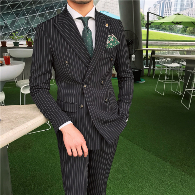 

New Arrival Double-breasted Black Striped High Quality Men's Wedding Groom Dress Prom Casual Suit 3 Pieces(Jacket+Vest+Pants