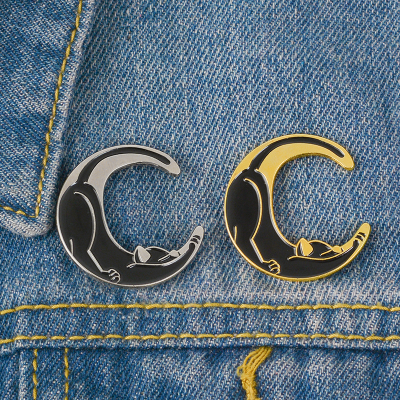 

Cat Enamel Pin Black Animal Brooch Moon Cartoon Gold Silver Lapel Denim Badge Jewelry Stretching Sleepy Gift For Boys And Girls