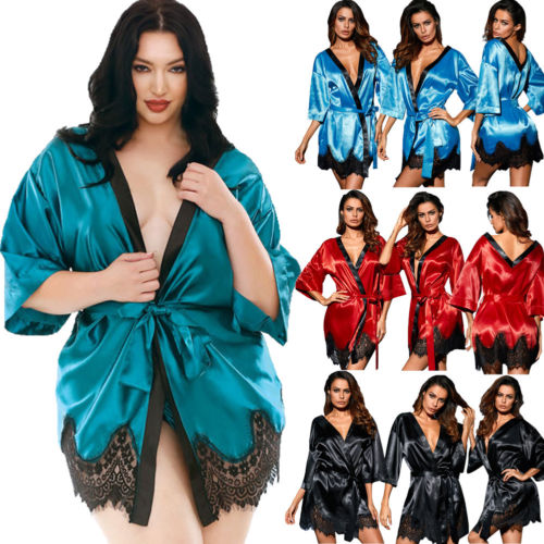 

Sexy Robes Women Sleepwear Nightwear Plus Size Lace Satin Female Bathrobes Lounge Robe Casual Loose Home Clothing, Black