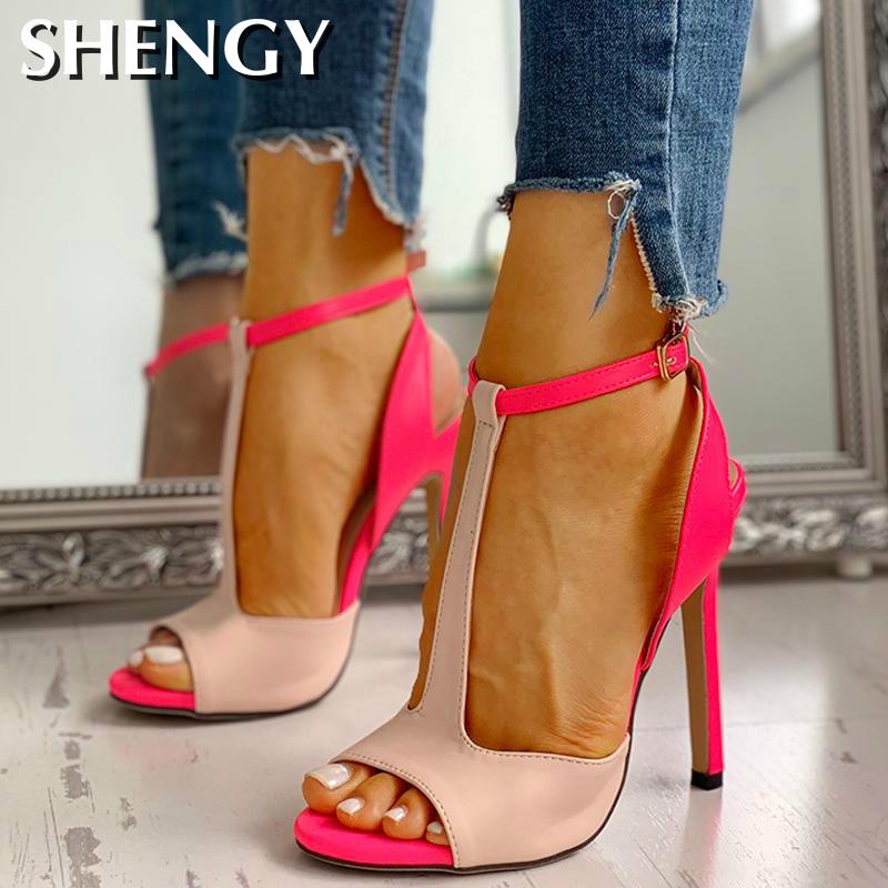 

2020 SHENGY Women High Heels Shallow Thin Heeled Sandals Open Toe Summer Wedding Party Women Pumps, Pink