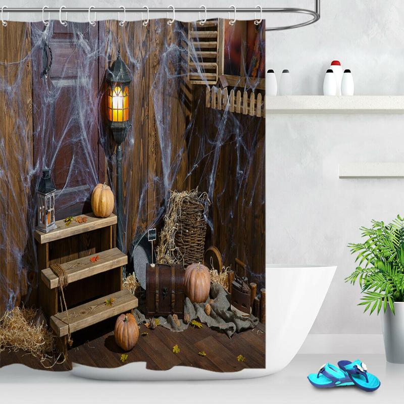 

Halloween Pumpkin Cobweb Shower Curtain Set Waterproof Fabric Bathroom 12 Hooks