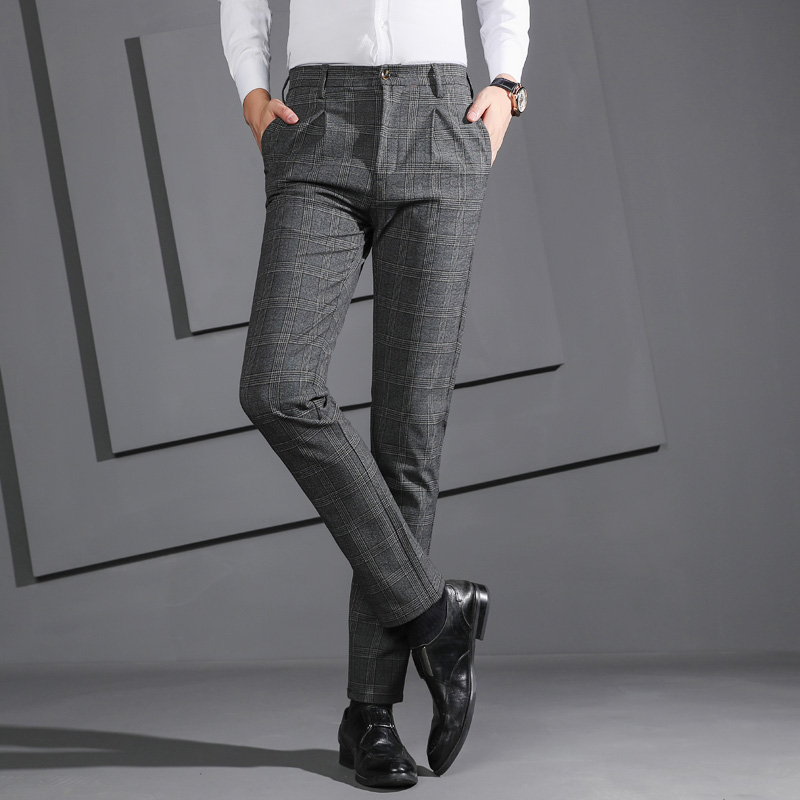 

Casual Suits Pants Autumn Men's Trousers Straight Long Streetwear Plaid Fashion Elastic Masculino Slim Business Male, Grey