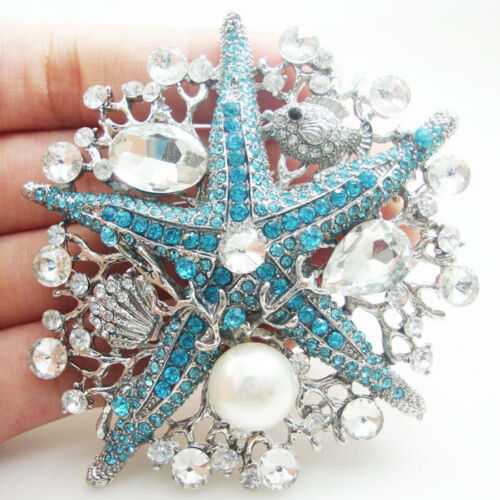 Elegant Blue Starfish Pearl Pendant Brooch Pin Rhinestone Crystal Silver Tone-image-459852818