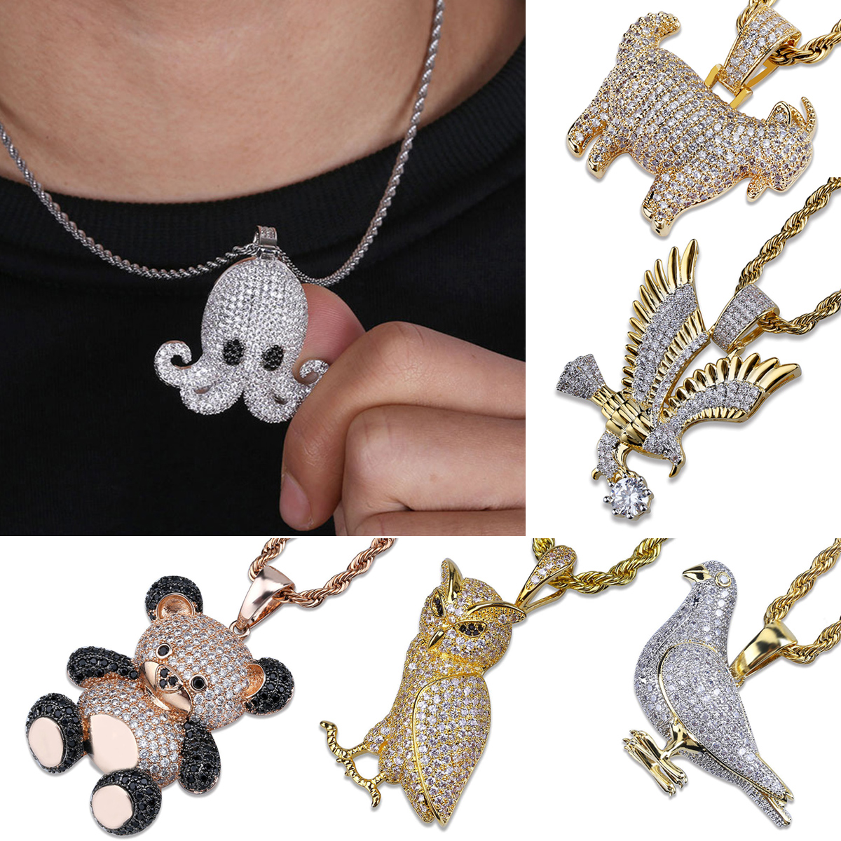 Fashion Unisex Hip Hop Plaqué Or Strass chèvre Pendentif Chaîne Collier Cadeau