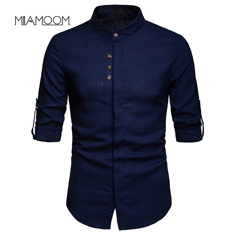 

MIAMOOM Men' Business Casual Linen Long-sleeve Shirts Street Wear, Black