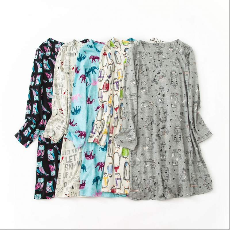 

2019 Summer Cotton Sleepshirts Women Casual Cartoon Loosen nightgown Female long sleeve O-neck collar sleepwear dress Plus size