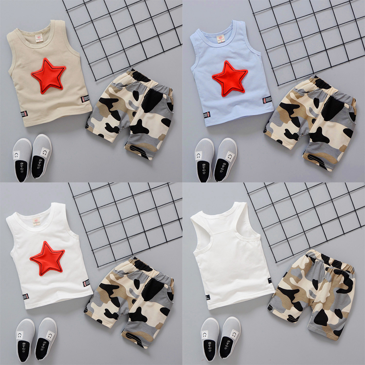 

3 colors Fashion Boys kids clothes Set Girls children clothing Stars Vest +Camouflage Shorts 2PCS Sets Kids Designer Clothes DHL JY326, Mixed colors