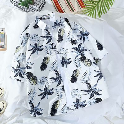 

Men' new short-sleeved beach pineapple print fashion casual slim business shirt men and women go with Asian sizes, White