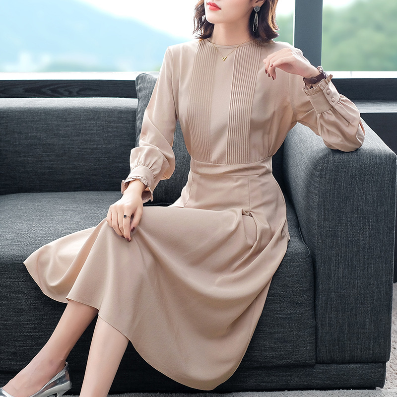 

Casual Dresses Real Silk Dress Women Spring Autumn Fashion Midi Korean Party Vintage Vestido Mujer P8352 YY2593, Khaki