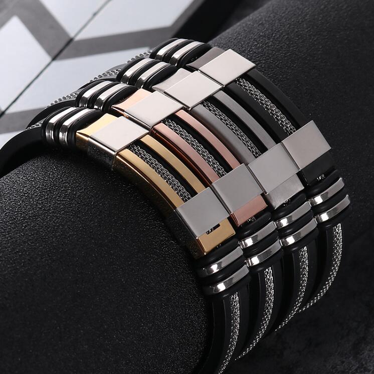 

Men's Stainless Steel Silicone Black Bracelet Simple Rubber New Design Punk charm WristBand Bangle For Mens Fashion Jewelry Gift A0104