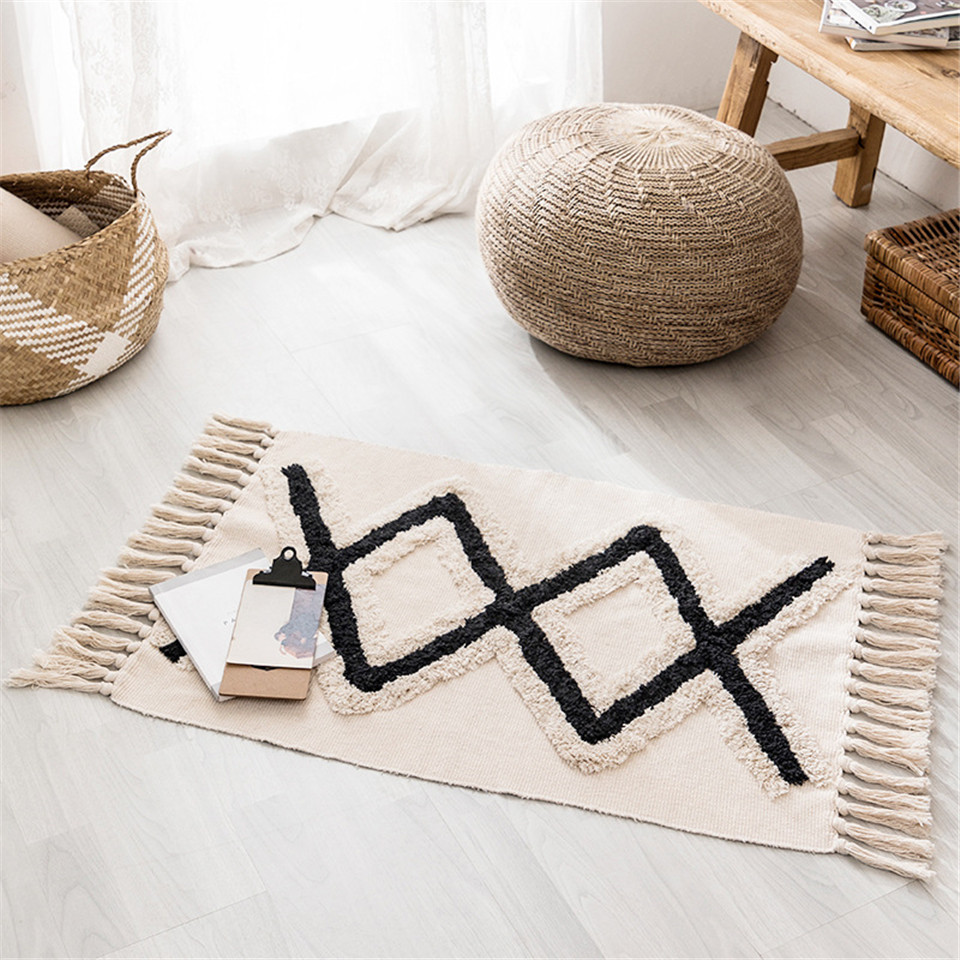 

Wishstar Black White Carpet Cotton Linen Geometric Rug Nordic Ethnic Style Bedroom Floor Mat Hand Woven Tassel Carpet