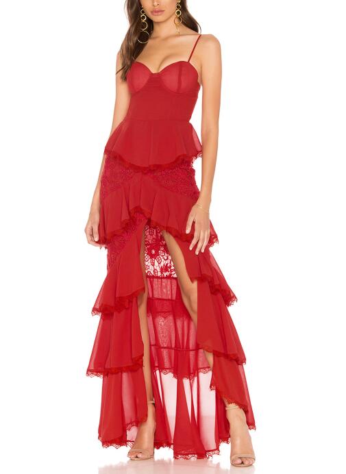 

High Quality Strap Bandage Dress Christmas Red Sexy Lace Elegant Celebrity Slit Evening Party Bodycon Long Dresses