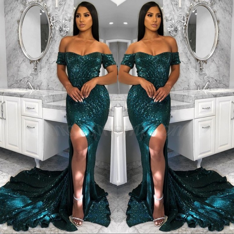 

2020 Dark Green Sequined Prom Dress with Split Mermaid Off Shoulder Sweep Train Evening Gowns Customize, Royal blue