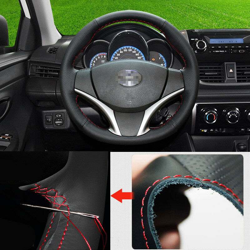 For Toyota Vios 14-2017 Steering Wheel Cover Non-slip Hand Sewing Black Leather-image-454954193