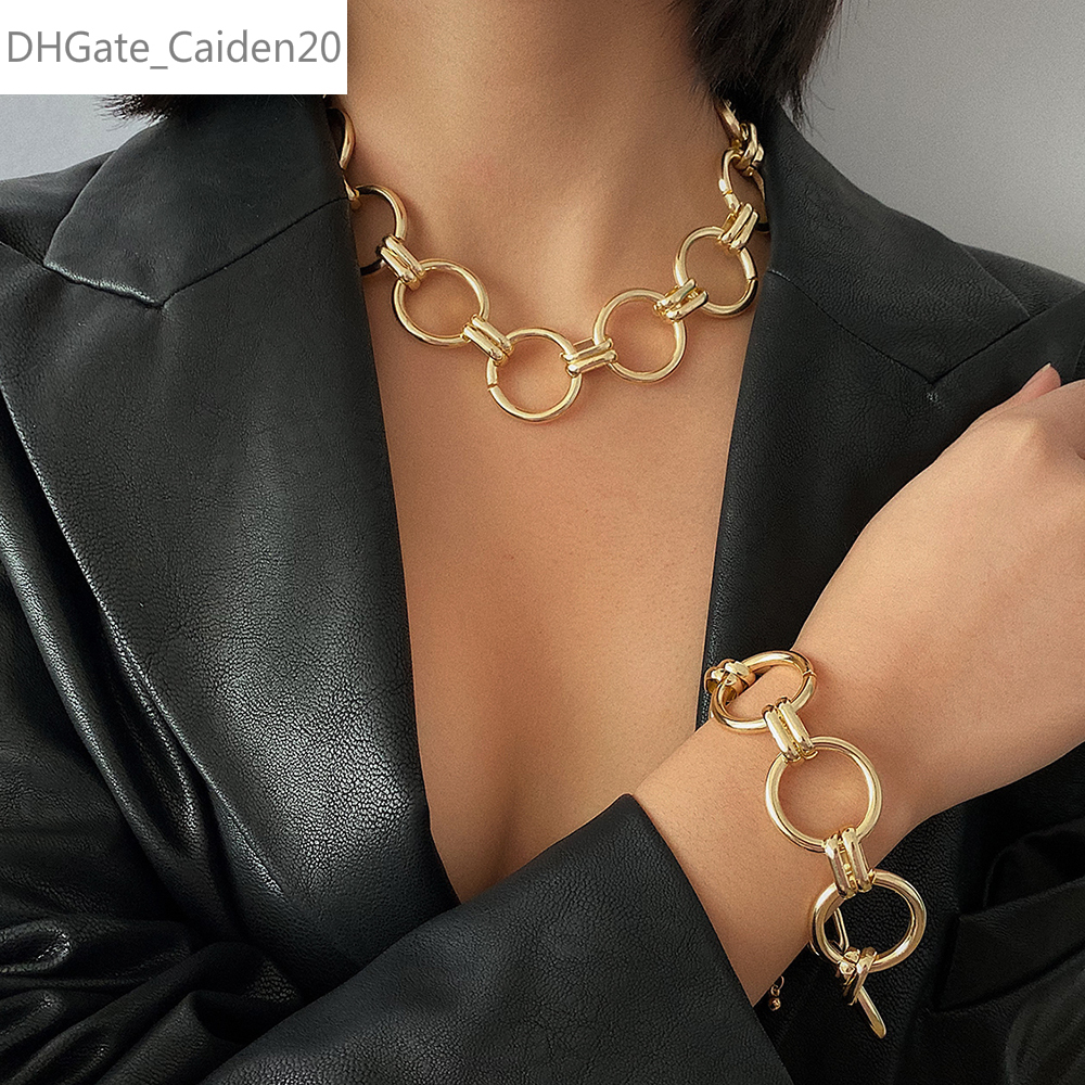 

Punk Hip Hop Curb Miami Thick Necklace Bracelet Set Vintage Chunky Round Circle Choker Necklaces For Women Jewelry