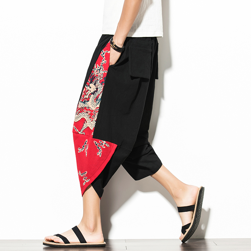 

Cotton Capri Pants Male Summer Trend Personality Thin Feet Wide Leg Pants Casual Loose Antique Bloomers hip hop Chinese elements, Black