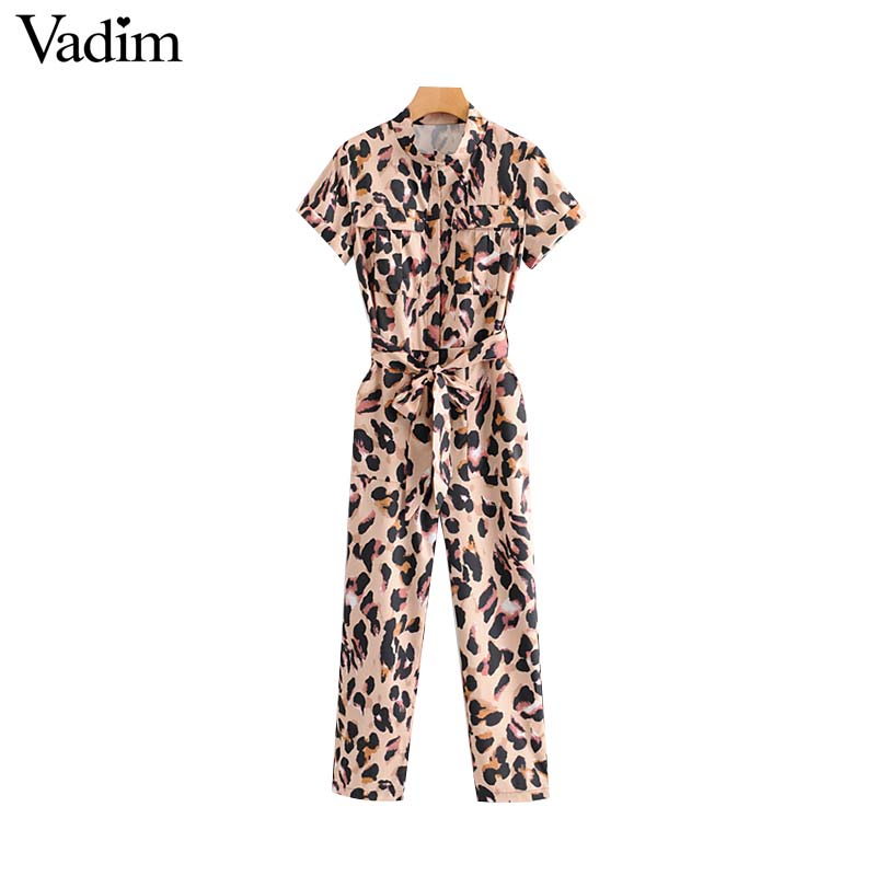

Vadim women leopard print jumpsuits short sleeve bow tie sashes animal pattern pockets rompers female chic long playsuits KA793, As picture