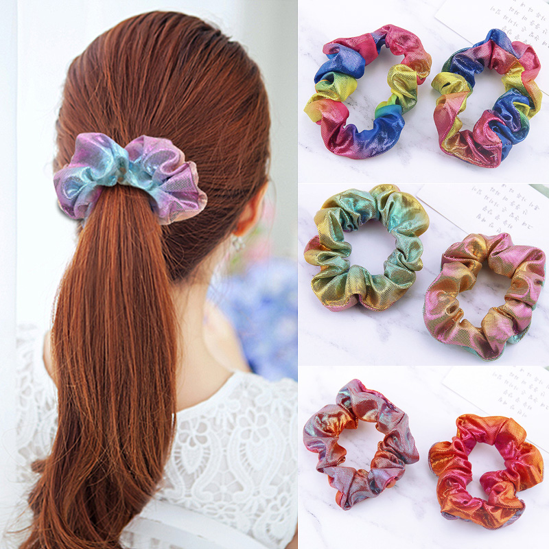 

LNRRABC 2018 new Two-tone Korean Elastic Hair Band Girls Rainbow 1PC Hair Rope Accessories for Women Metal Color scrunchie