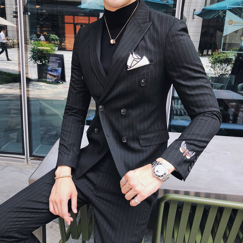 

Mens Suit With Pants 2 Piece Men Smoking Retro Striped Groom Tuxedo Suits for Wedding Embroidery Costume Homme Jaquetas 2019 New, Black striped suits