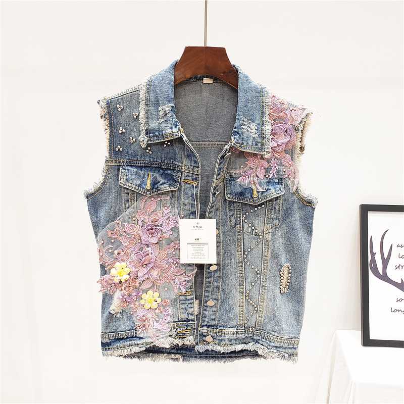 

2020 Spring Autumn New Jacket Industrial Beads Flower Holes Denim Waistcoat Women' Sleeveless Vest Tops Girls Jean Vests Coats, Blue