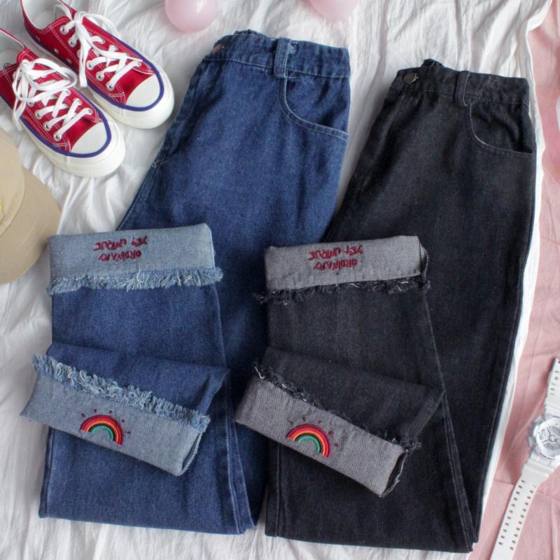 

Women revers Jeans Nine Pants Loose Girls Student Cute Rainbow Embroidery Soft Sister Small Fresh Straight pants Preppy Style, Black