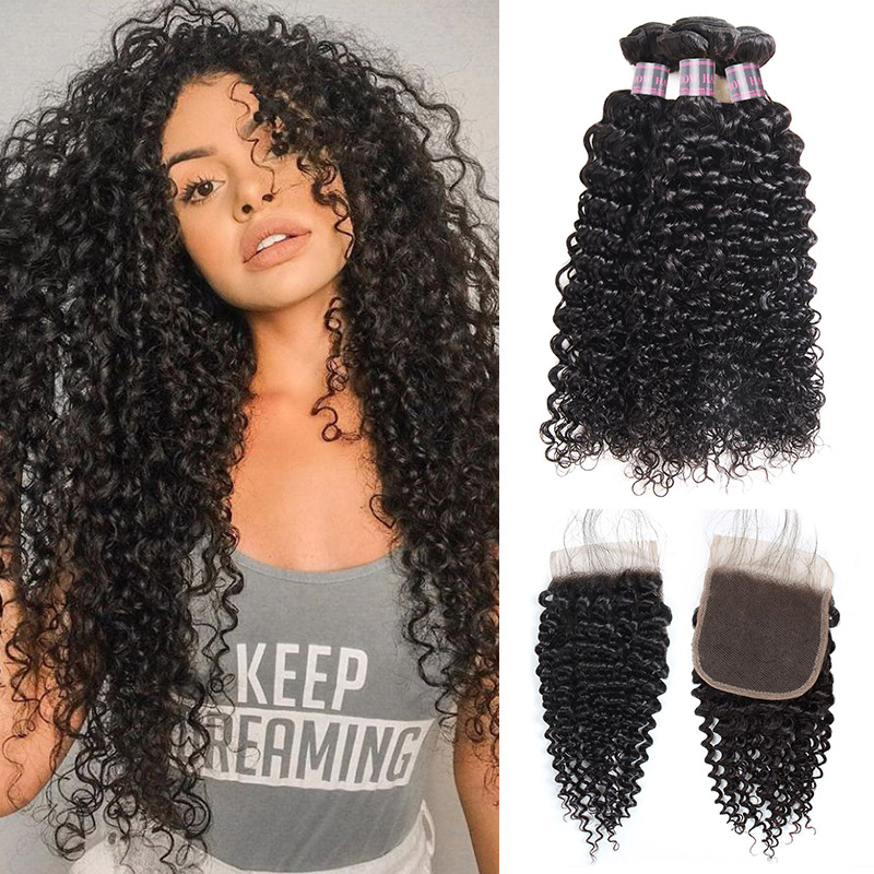 

Ishow Kinky Curly 3 PCS 8A Brazilian Virgin Hair Extensions Weft Malaysian Human Hair Bundles With Closure for Women Girls All Ages 8-28inch, Natural color